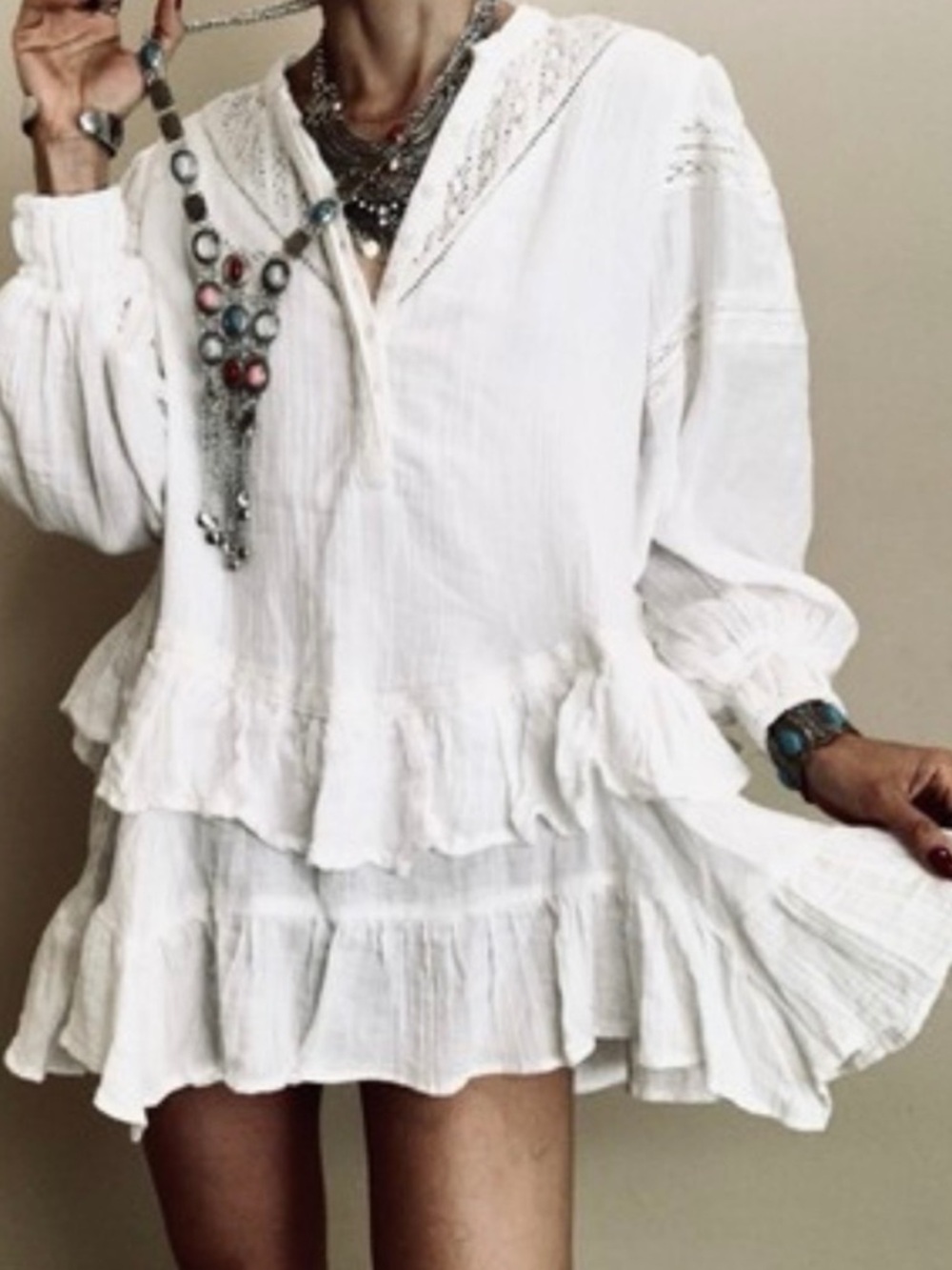 Free People Sachi Mini Dress Tunic Medium Cotton Tiered Crochet Festival NWOT